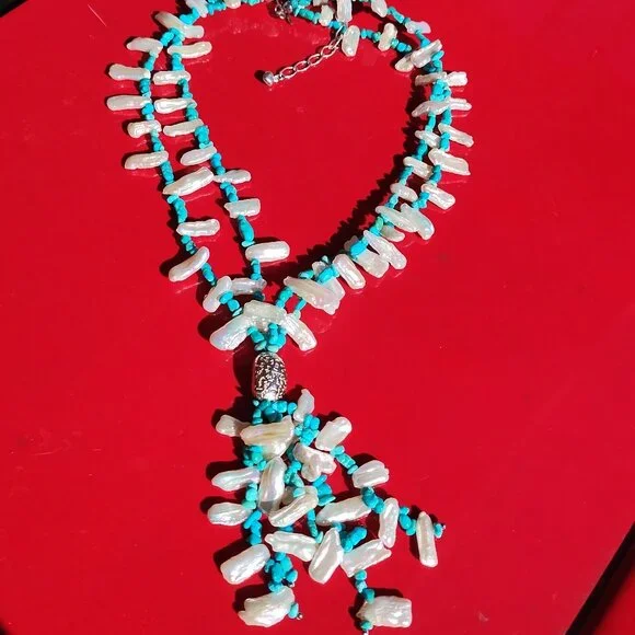 Jay King DTR mine finds Turquoise Keshi Pearl Tassel Necklace 925 Sterling Silve - Picture 10 of 12